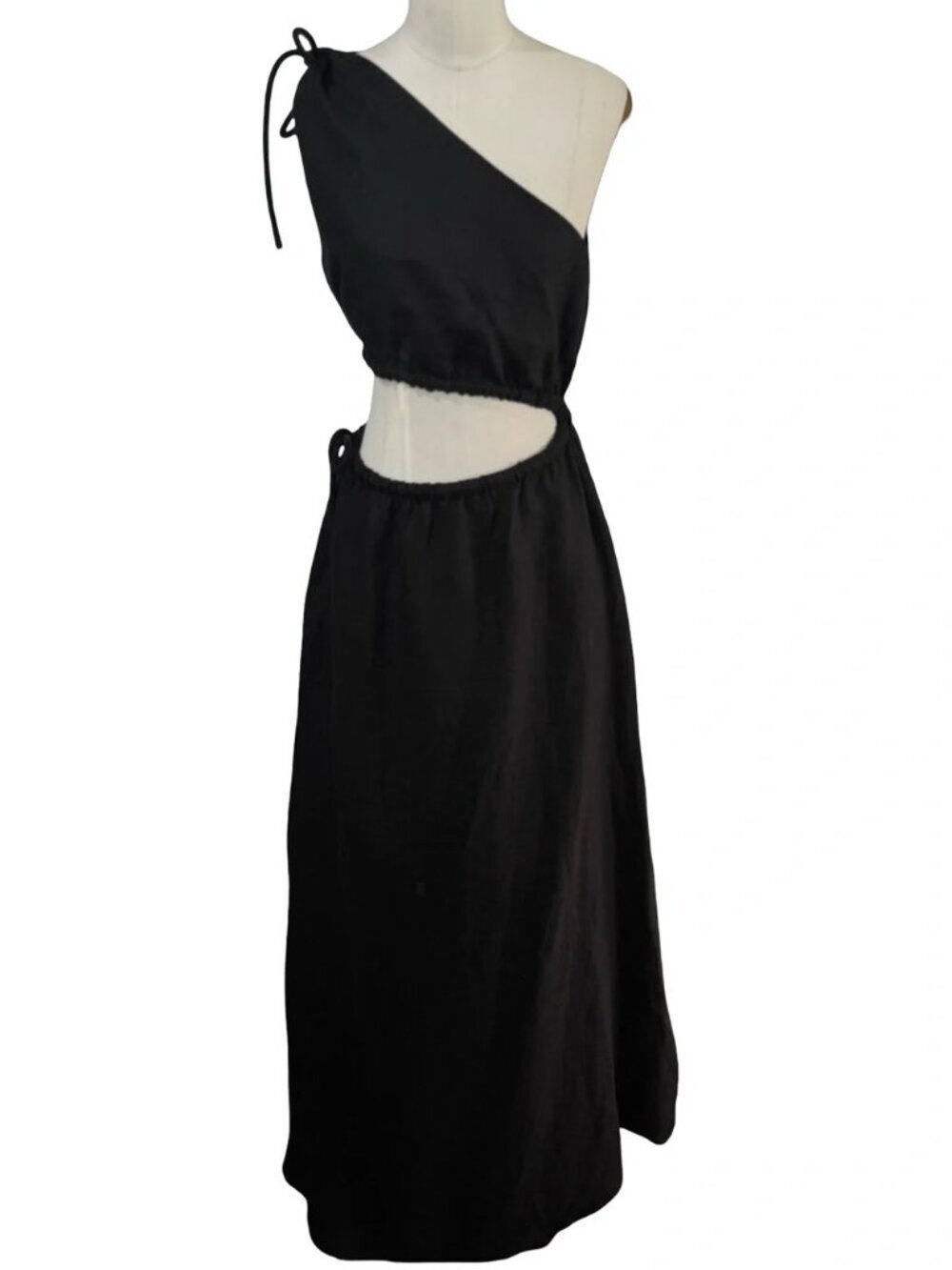SIR. Black Asymmetrical Open Waist Midi Dress - 100% Linen - Picture 8 of 13